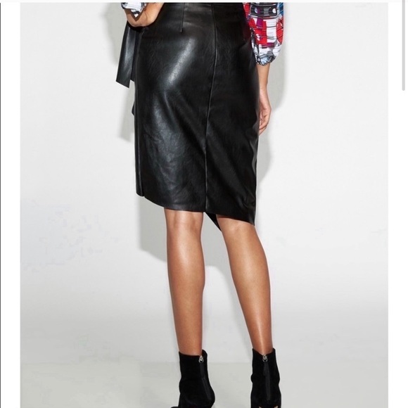 New Black Faux Leather PU Wrap Knee Length Skirt XS - Picture 2 of 4